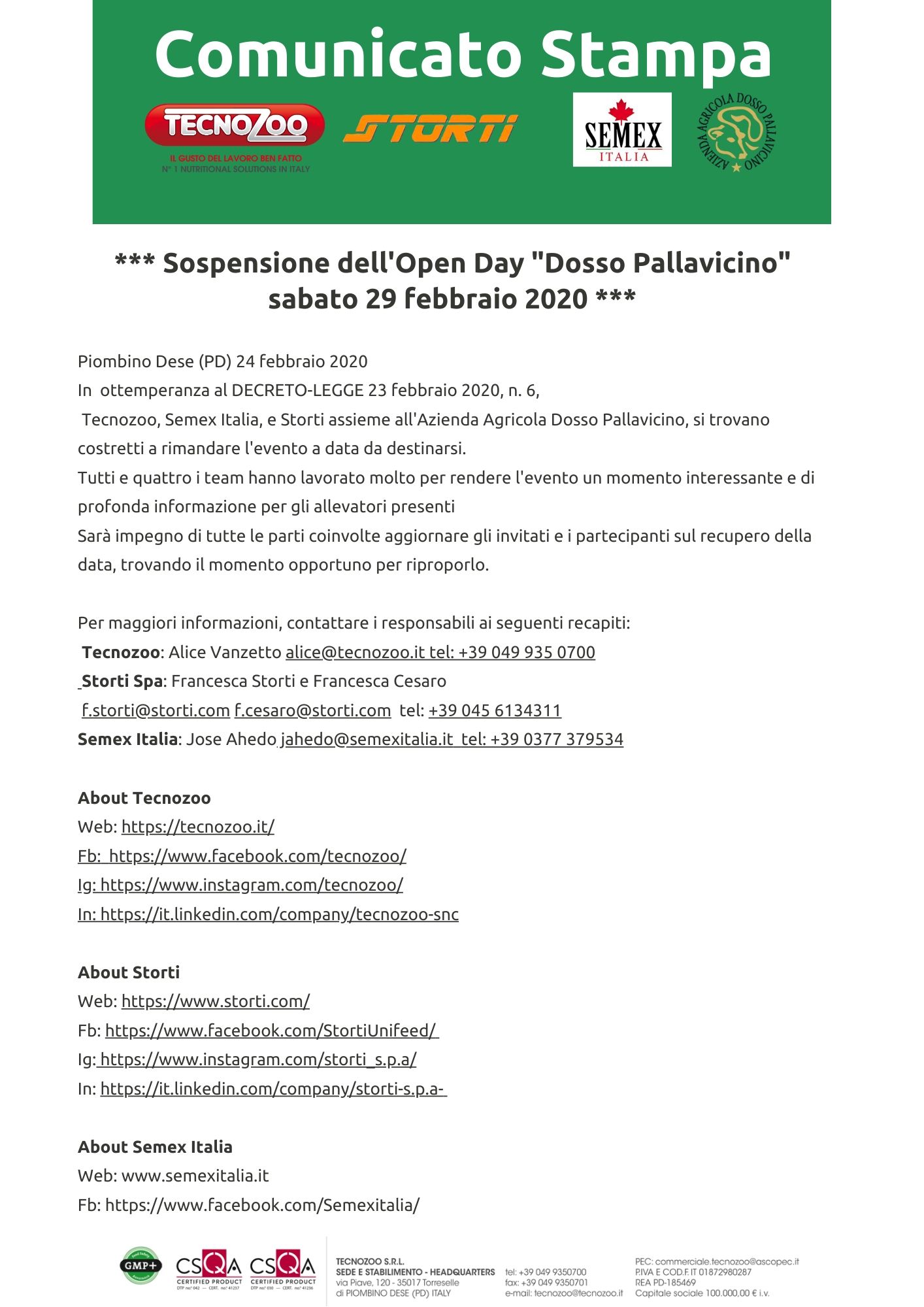 Dosso Pallavicino Comunicato Stampa n.2/2020